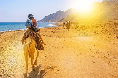 Frau auf Kamel unter praller Sonne im Sand.