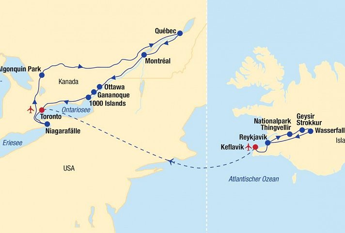 Island & Kanada Kombireise - Routenkarte Island & Kanada