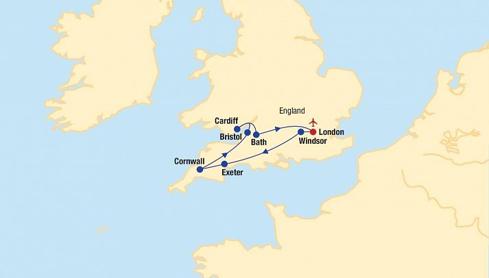 Südengland & Wales Rundreise - Routenkarte Südengland & Wales