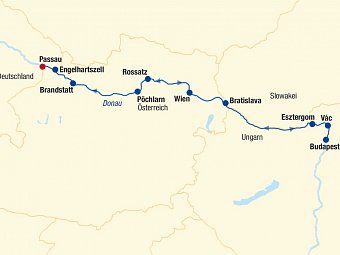 Flusskreuzfahrt Donau Boat & Bike (bis Budapest) - Routenkarte Donau (bis Budapest)